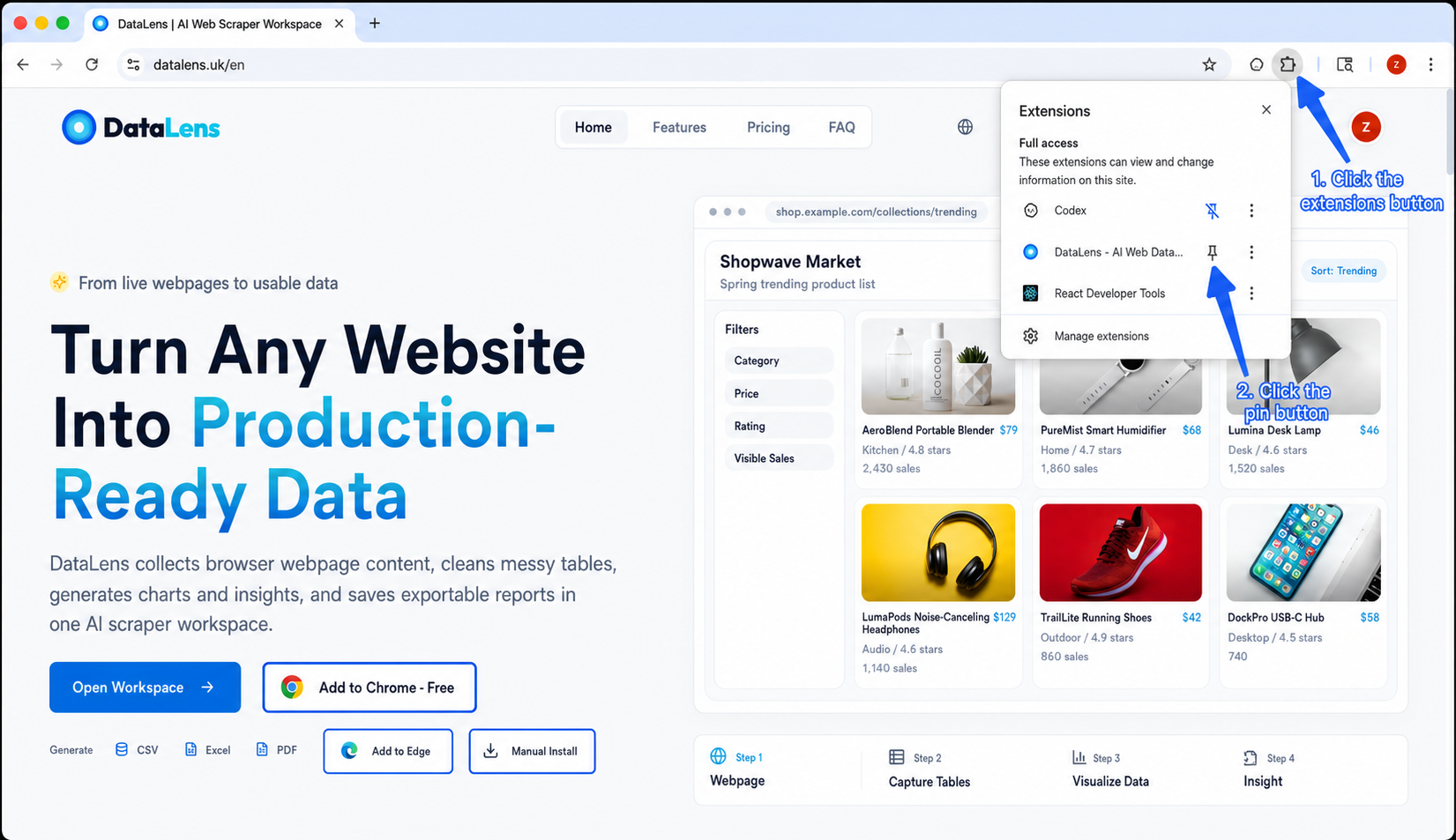 Pin DataLens to the browser toolbar